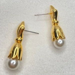 Three In One Earrings Gold Tone Tops With Detachable Faux Pearl Studs